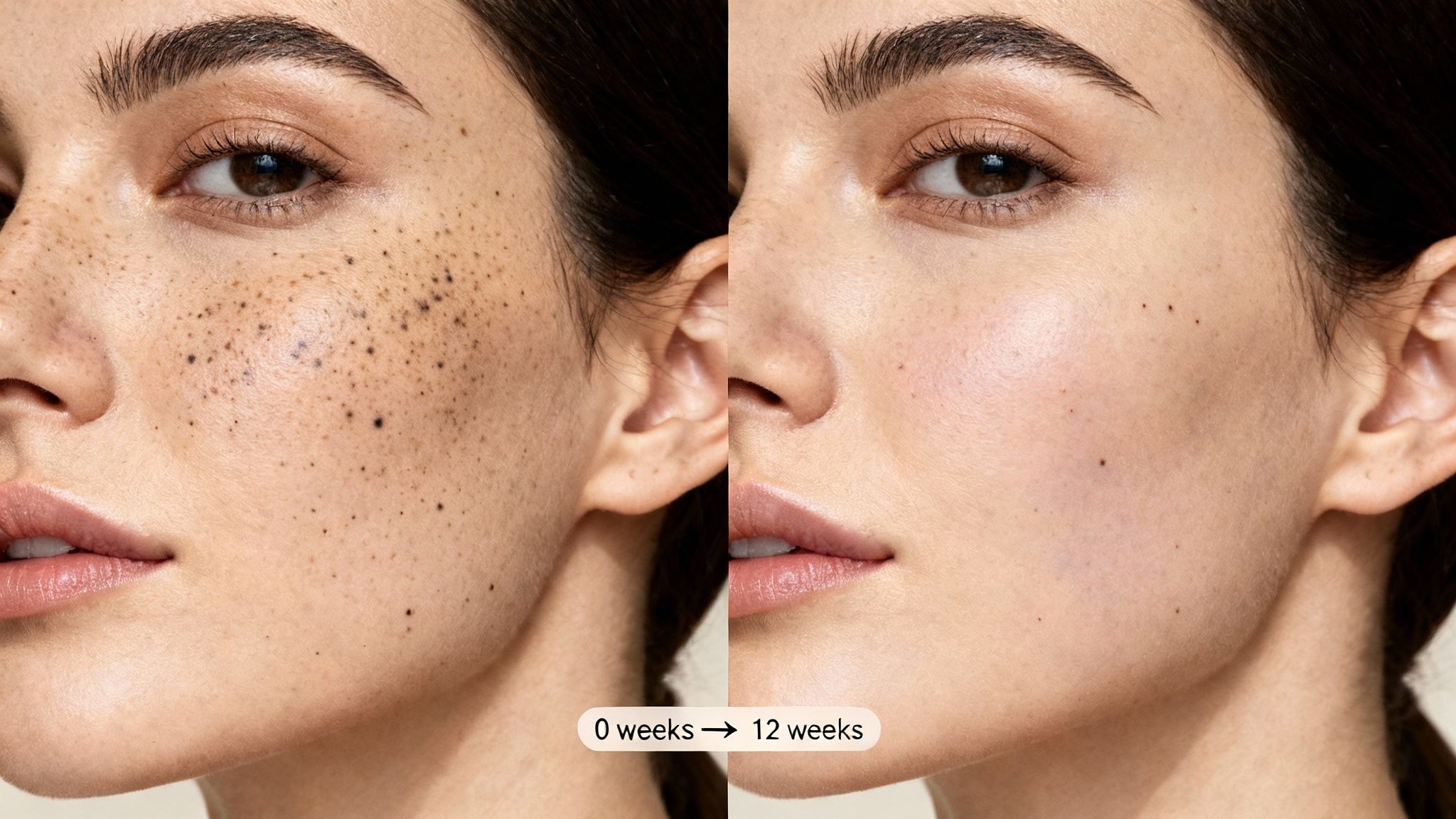 Primer plano del rostro de una mujer antes y después del tratamiento, mostrando menos manchas oscuras.