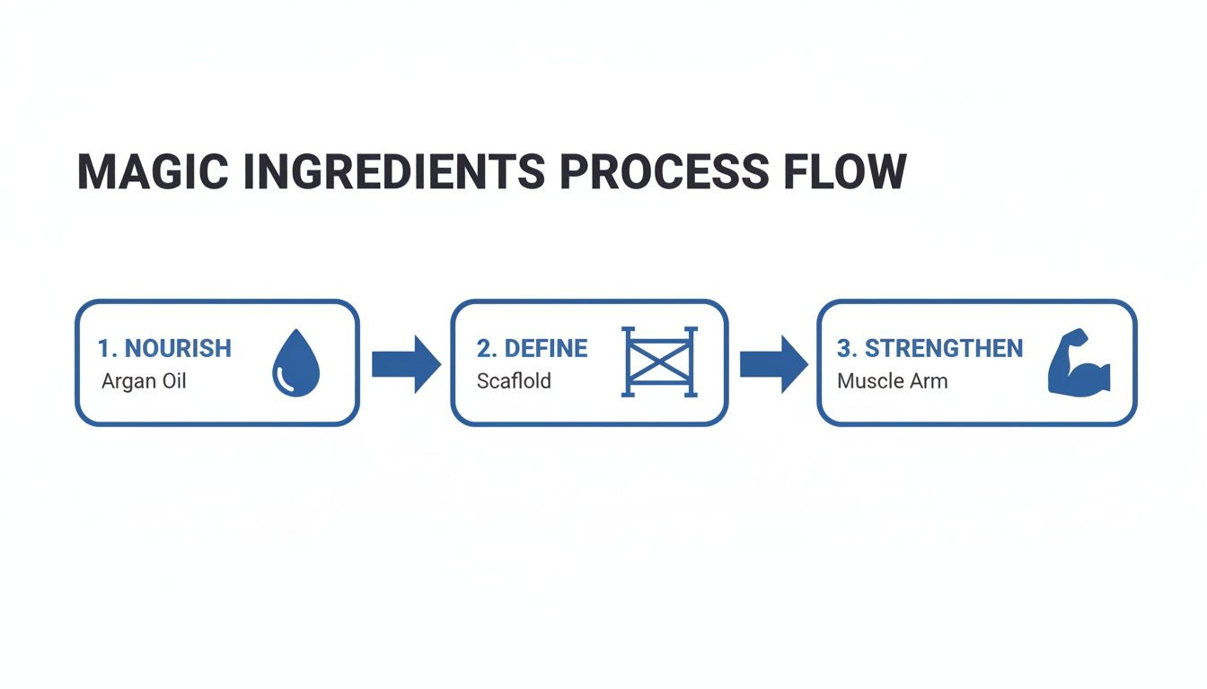 Un diagrama que ilustra el flujo del proceso de los ingredientes mágicos: nutrir con aceite de argán, definir y fortalecer.