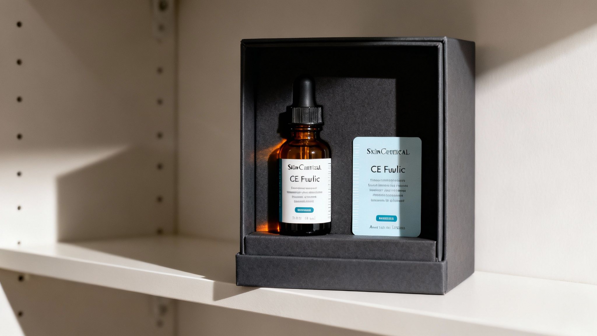Una botella de suero ferúlico CE de Skinceuticals y una tarjeta de información se muestran en una caja negra en un estante blanco.