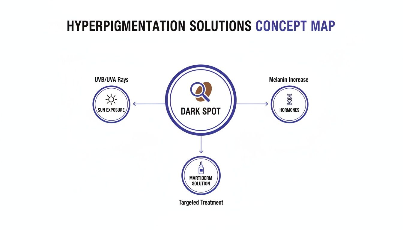 Mapa conceptual que ilustra las causas de las manchas oscuras, como el sol y las hormonas, y la solución de tratamiento específica MartiDerm.