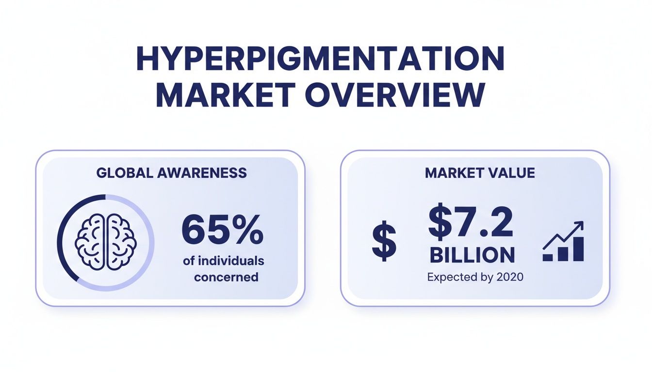 Infografía que muestra una descripción general del mercado de la hiperpigmentación, con un 65 % de conocimiento global y un valor de mercado de $7,2 mil millones para 2020.