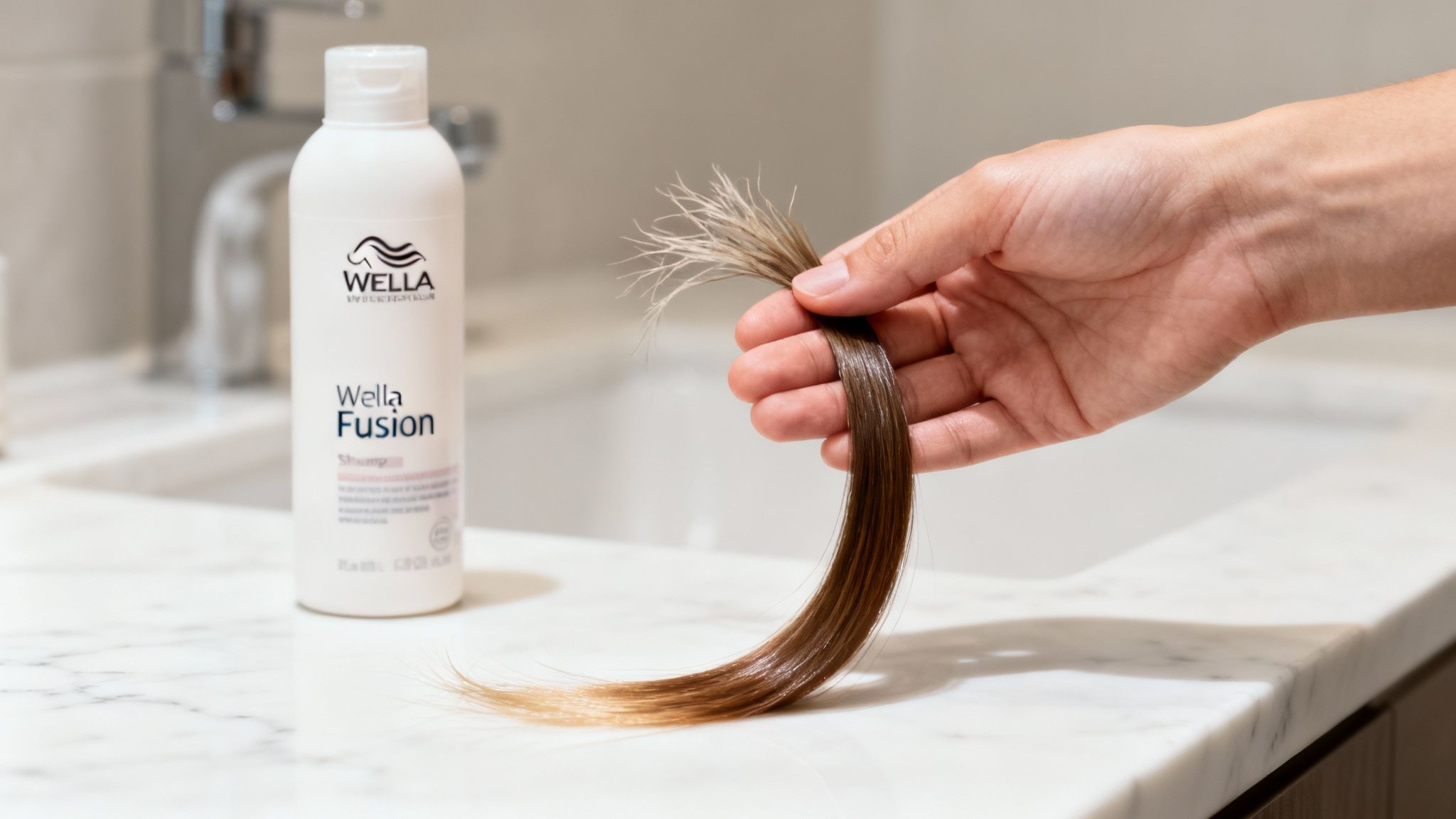 Eine Hand hält eine Haarsträhne, deren geschädigte, krause Spitzen im Kontrast zu gesundem Haar stehen, daneben liegt Wella Fusion Shampoo.