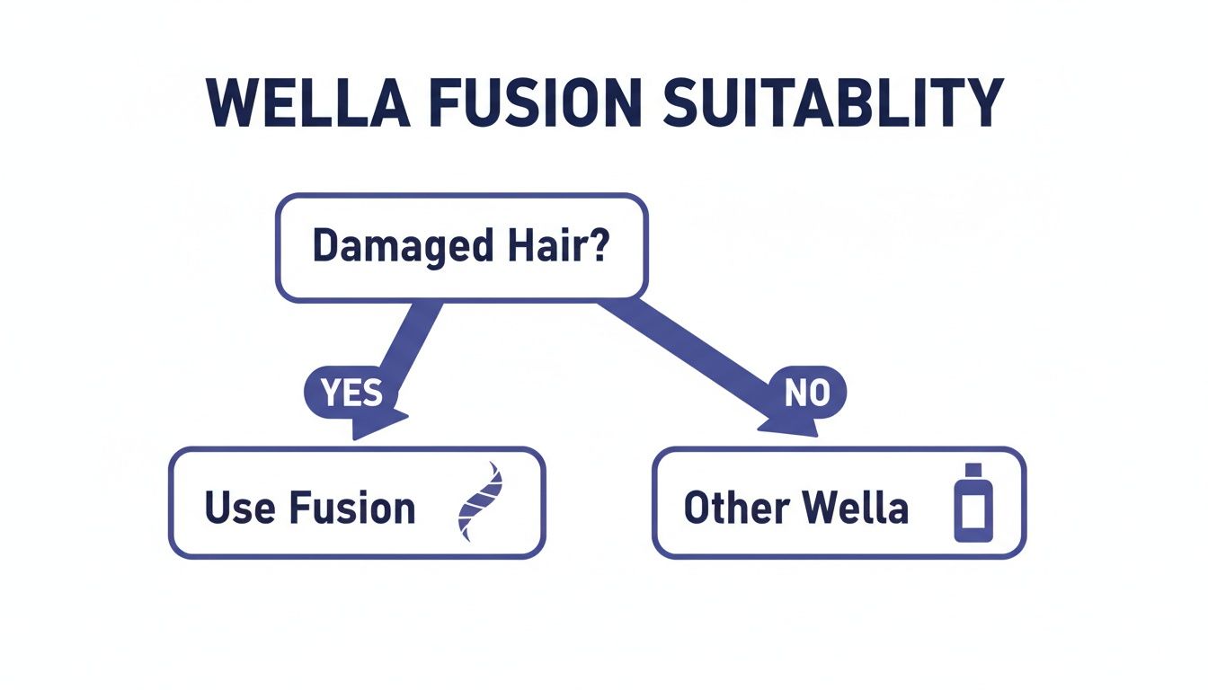Ein Wella Fusion Eignungs-Flussdiagramm, das Anwendern hilft, Fusion für geschädigtes Haar oder andere Wella-Produkte zu verwenden.