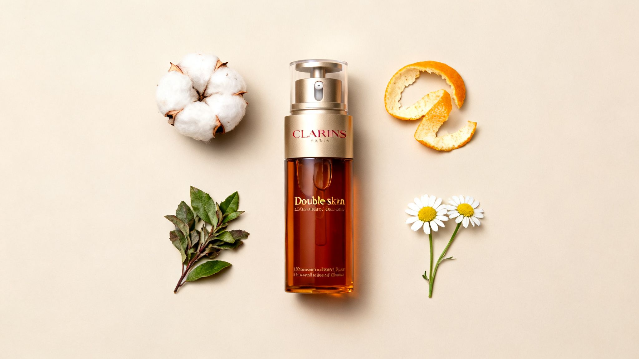 A Clarins Double Serum bottle displayed with cotton, orange peel, green leaves, and two daisies.