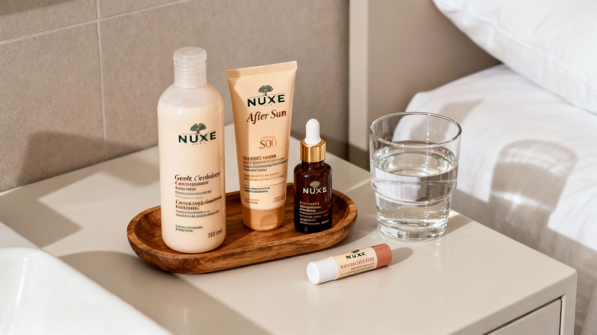 NUXE skincare products: lotion, after-sun, serum, and lip balm on a wooden tray with water.