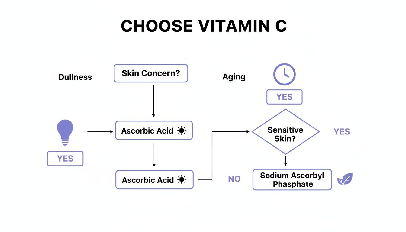 Flowchart guiding the choice of Vitamin C for skin concerns like dullness, aging, and sensitivity.