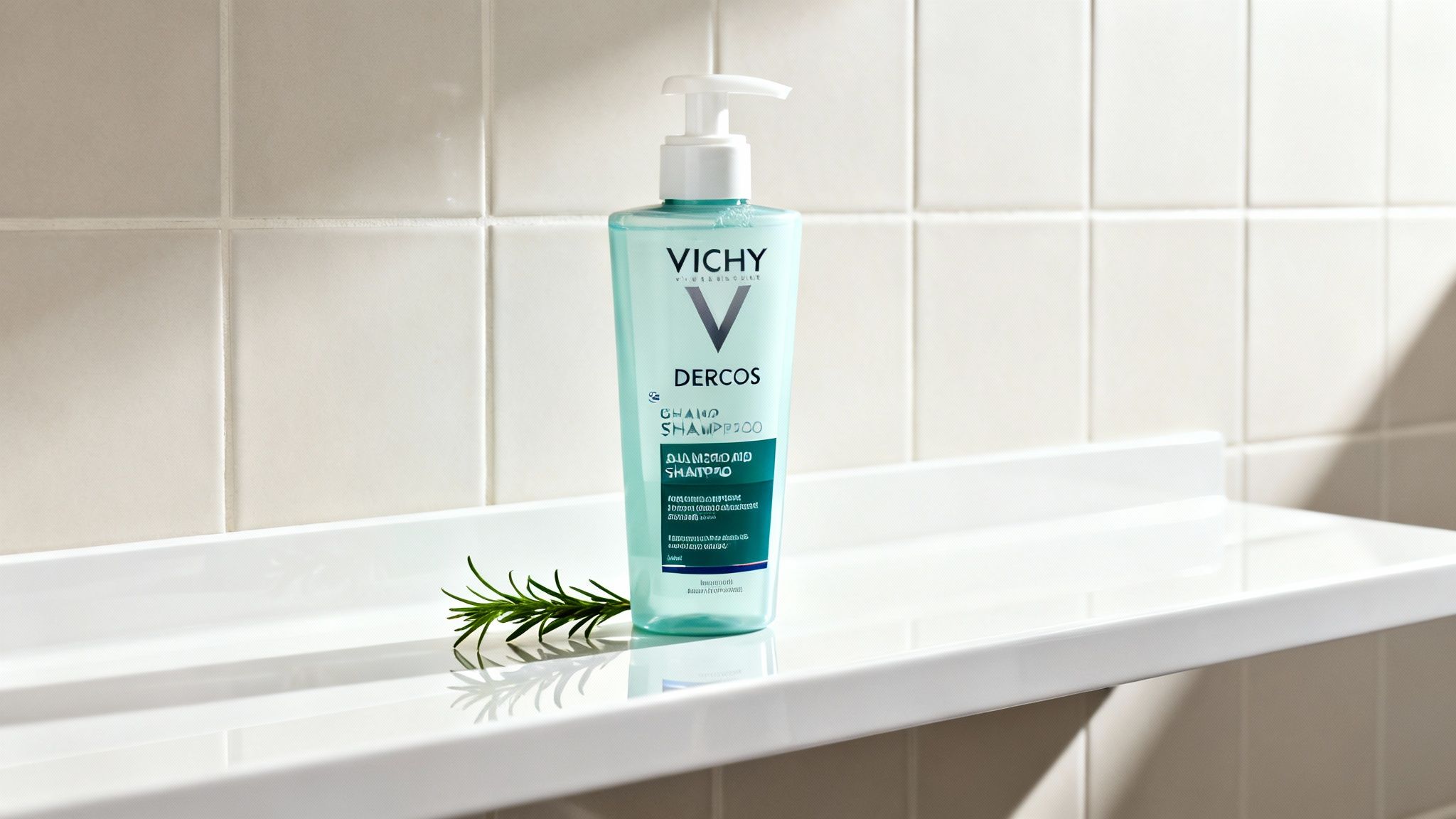 Eine hellblaue Vichy Dercos Shampoo-Flasche mit einem Rosmarinzweig auf einem weißen Badezimmerregal.