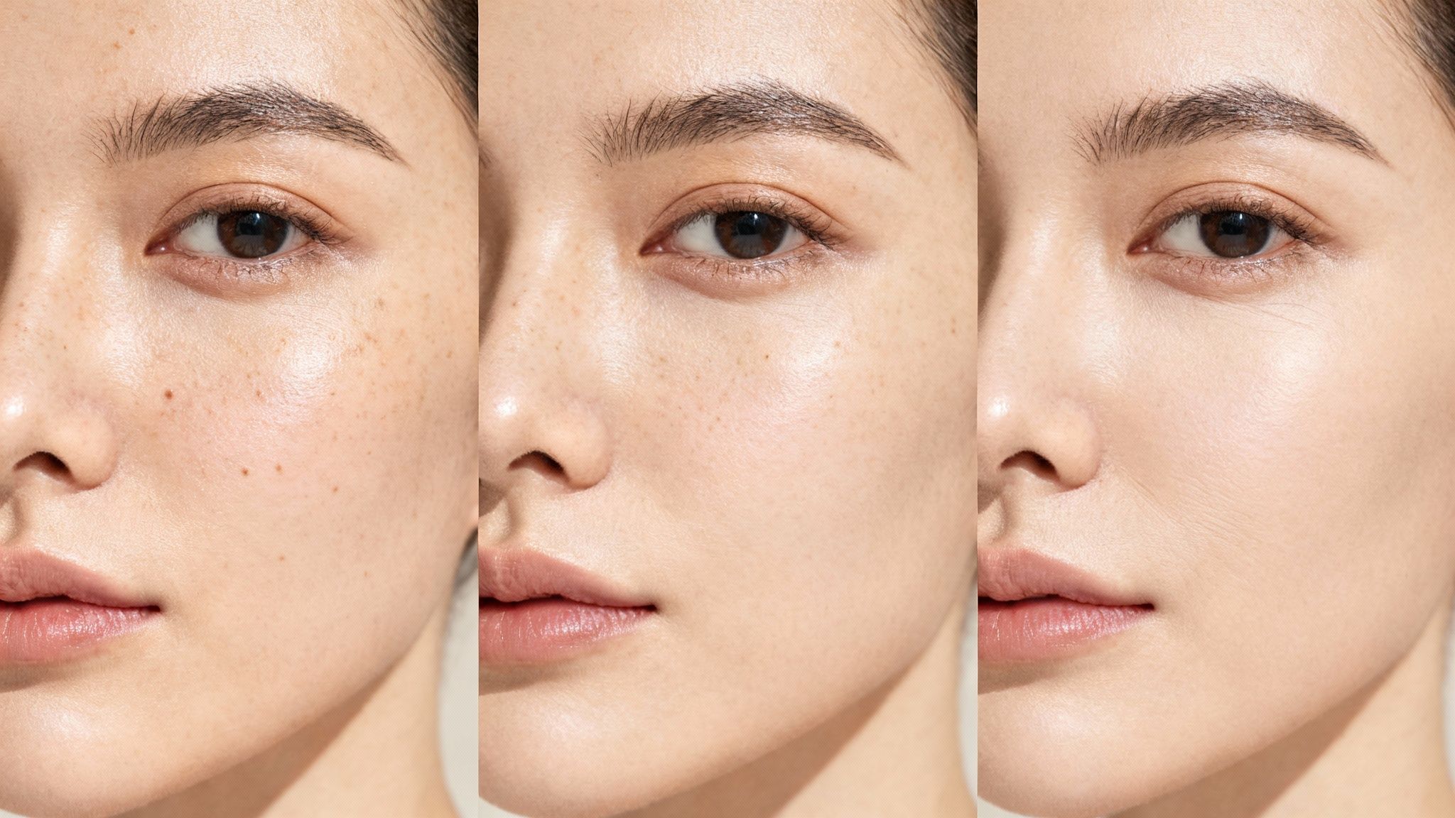 Comparison of a woman's face showing blemish and age defense treatment results on skin.