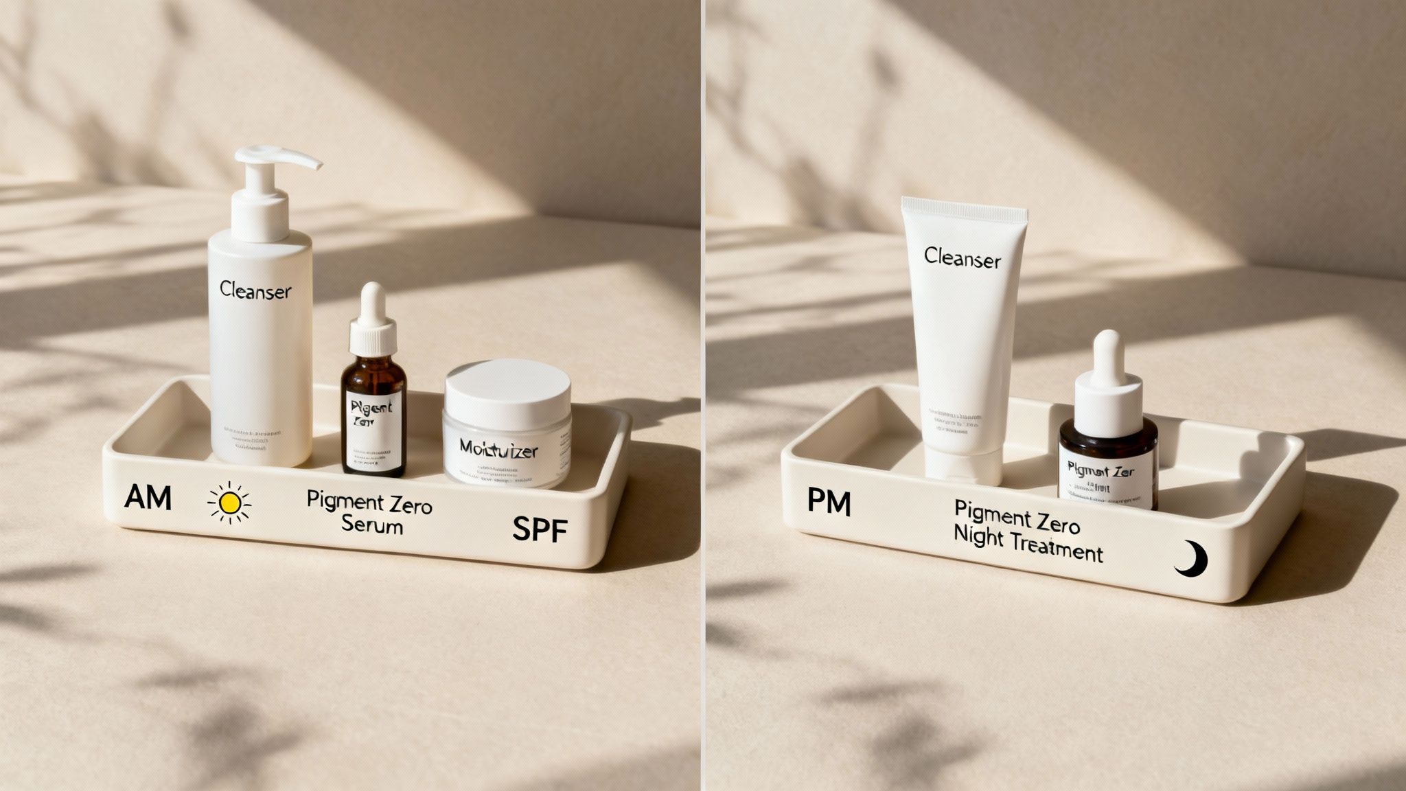 Dos rutinas de cuidado de la piel independientes, AM y PM, que incluyen limpiadores, sueros, humectantes y tratamientos nocturnos Pigment Zero.