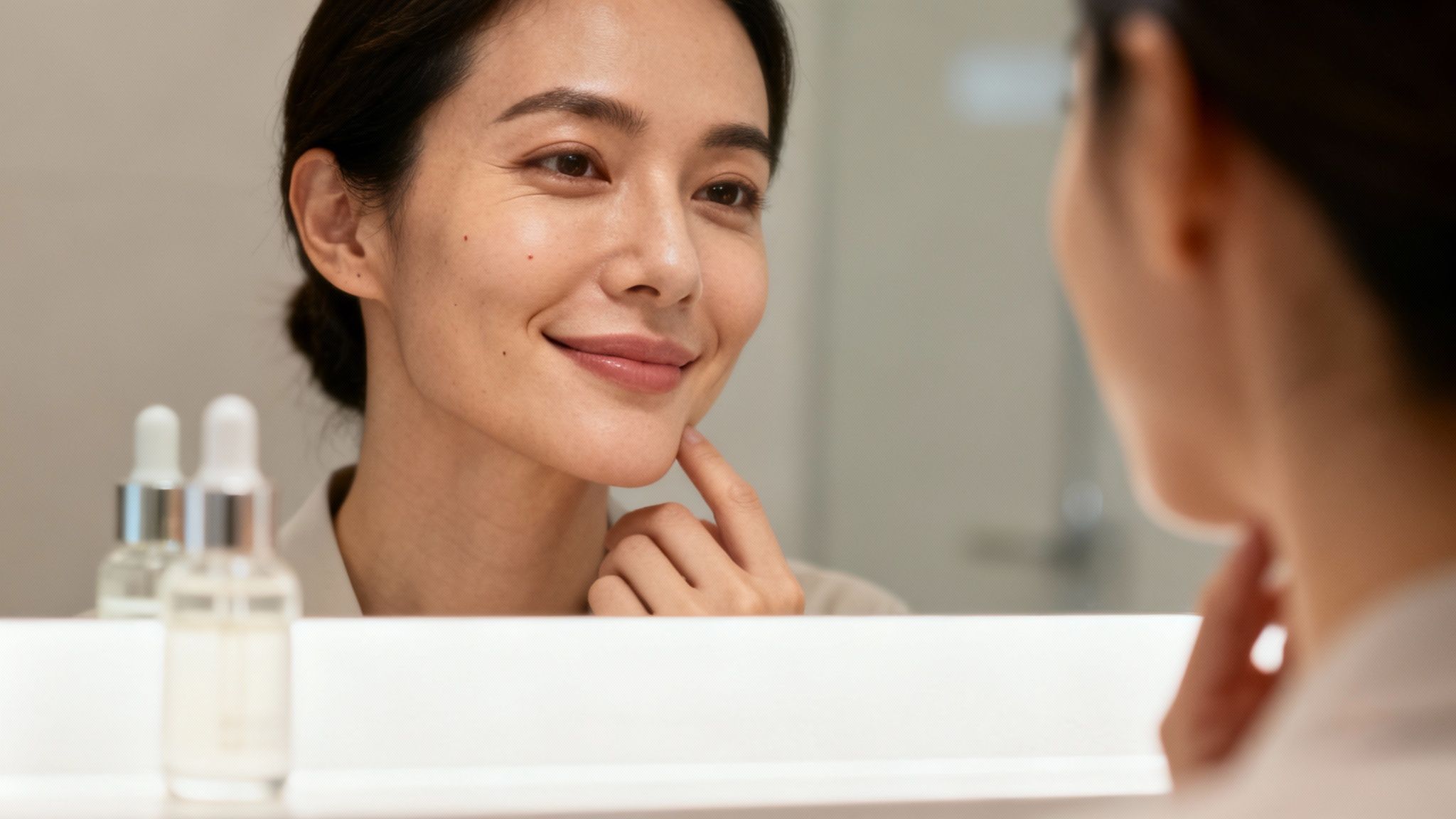 A smiling woman looks at her reflection in a bathroom mirror, touching her chin near skincare bottles.