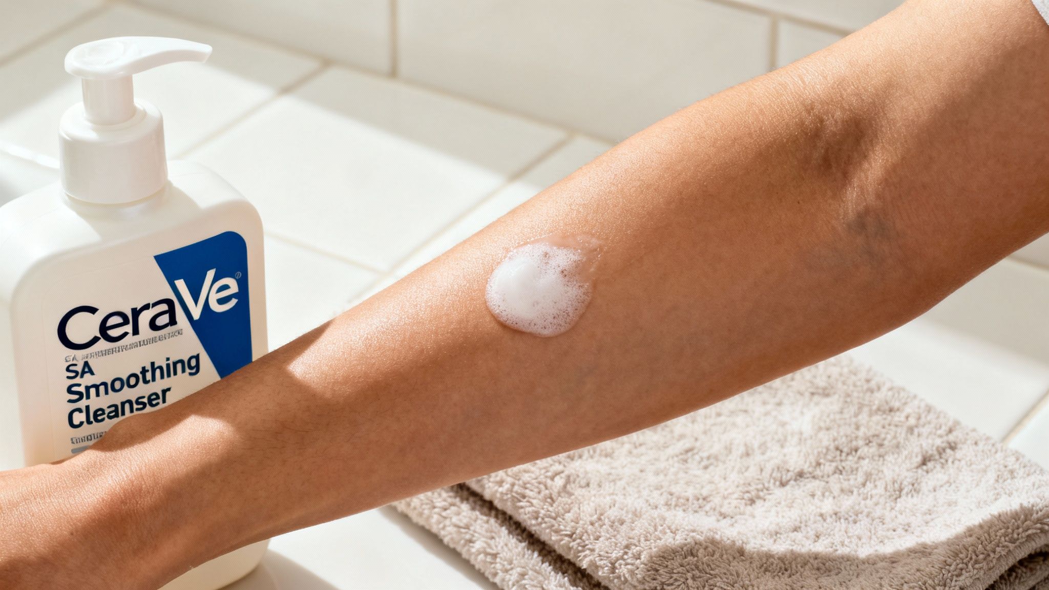 CeraVe SA Smoothing Cleanser bottle with a person's arm showing foam product application.