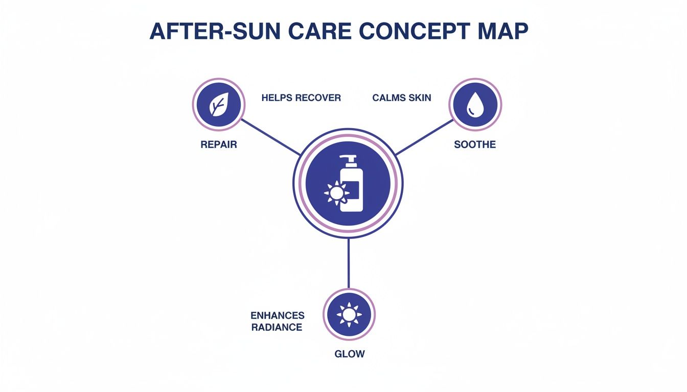 After-sun care concept map detailing key benefits: repair, soothe, and glow for skin recovery.