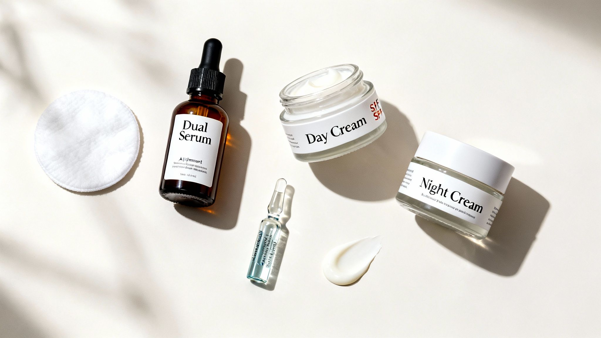 Productos de rutina para el cuidado de la piel: un frasco de sérum, una crema de día, una crema de noche, una ampolla y un disco de algodón.