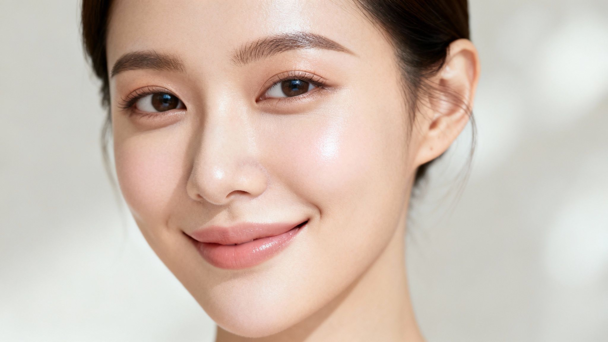 Close-up of a young Asian woman smiling with radiant, healthy skin and natural makeup.