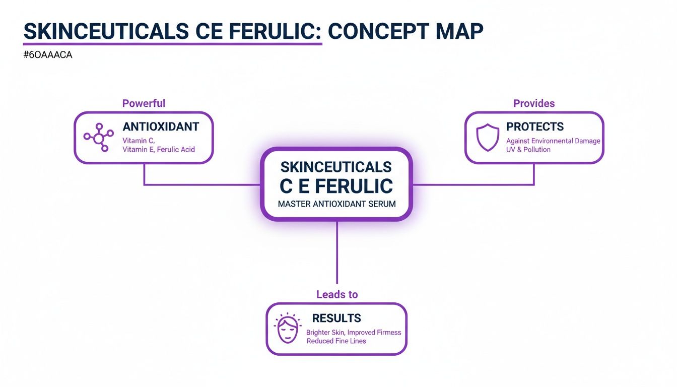 Mapa conceptual del ácido ferúlico CE de Skinceuticals que ilustra sus poderosas propiedades antioxidantes, protección ambiental y los beneficios resultantes para la piel.