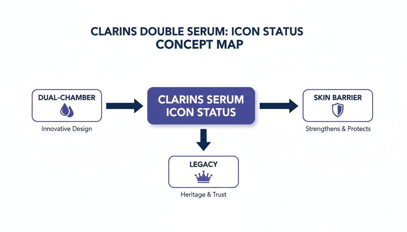 Concept map illustrating Clarins Double Serum's icon status, emphasizing its dual-chamber design, skin barrier benefits, and legacy.