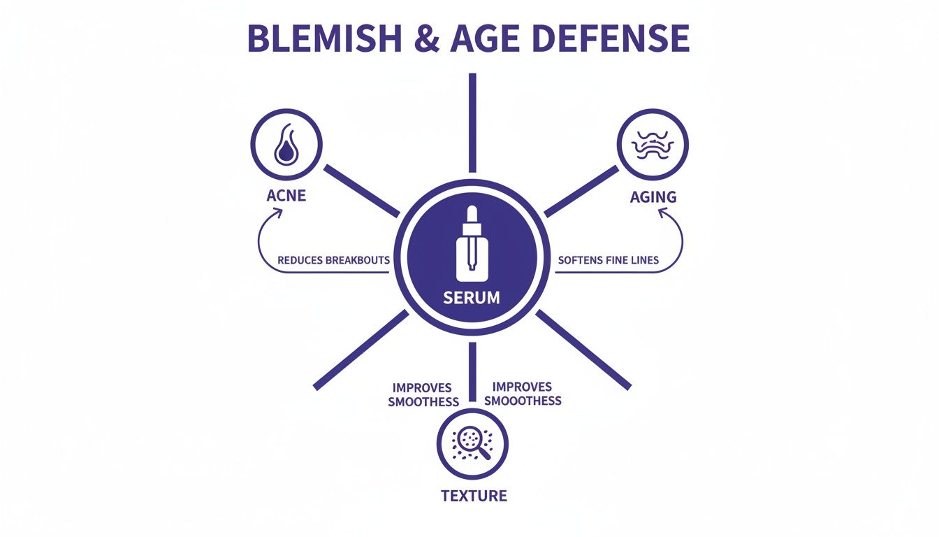 Diagram illustrating serum benefits for blemish & age defense: reduces breakouts, softens fine lines, improves skin texture.