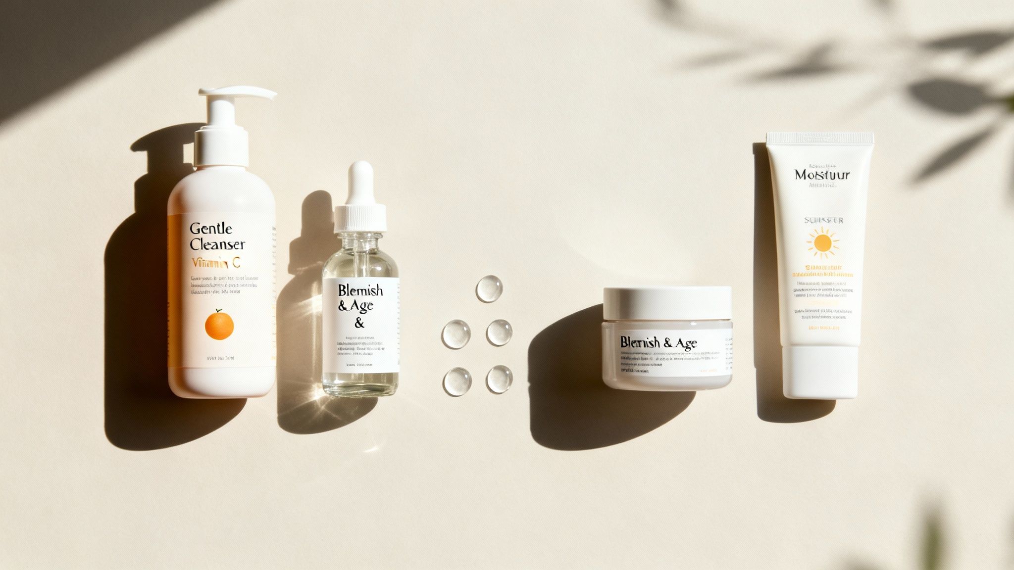 Assorted skincare products: a cleanser, serum, cream, and sunscreen, with water droplets on a light background.