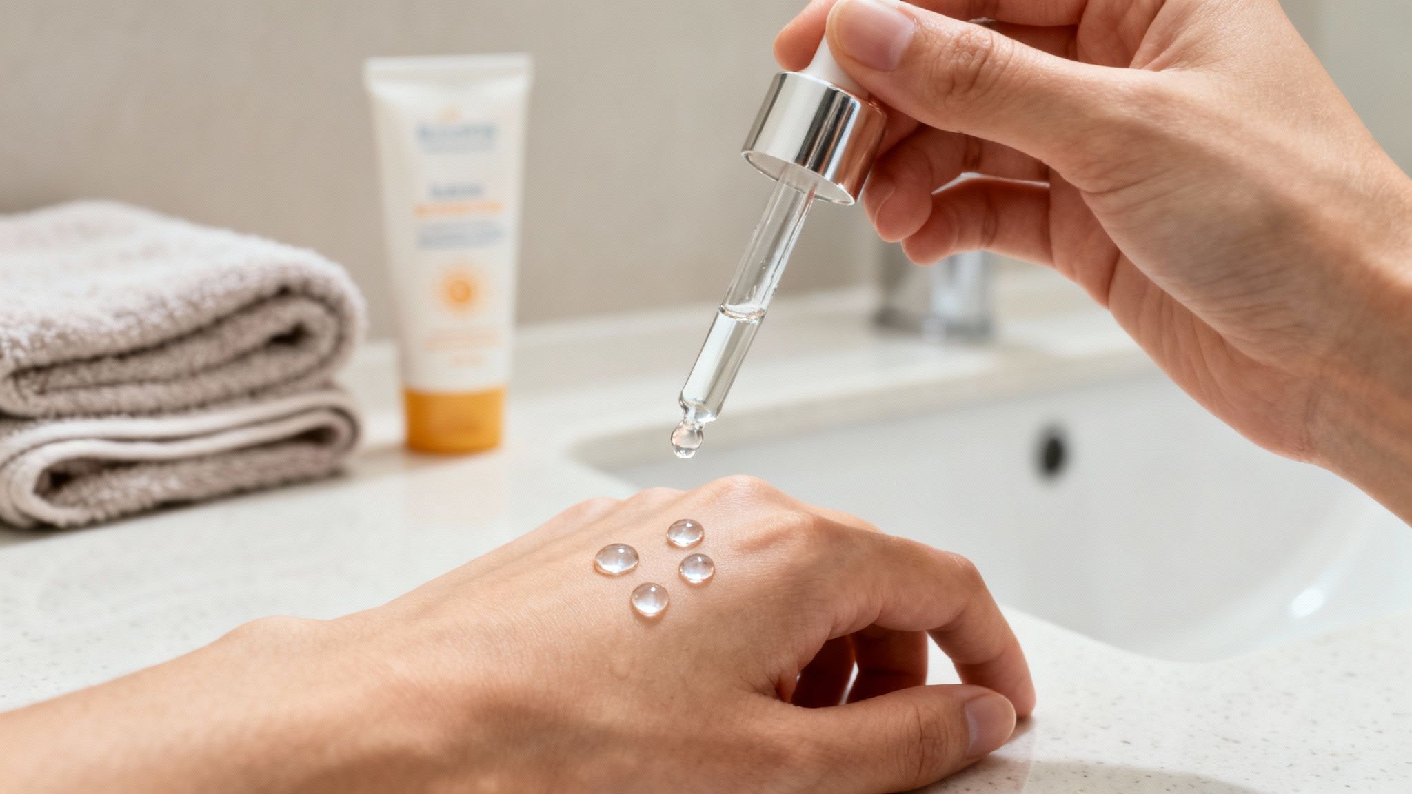 Primer plano de una persona que se aplica gotas de suero transparente en la mano con un gotero de vidrio.