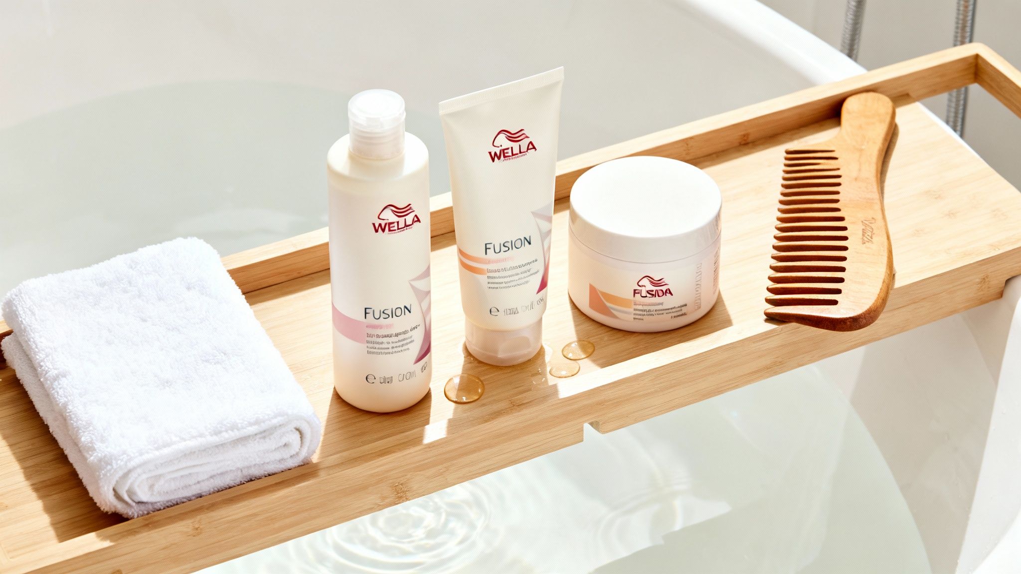 Wella Fusion Haarpflegeprodukte, Handtuch und Kamm auf einem hölzernen Badekorb über der Badewanne.