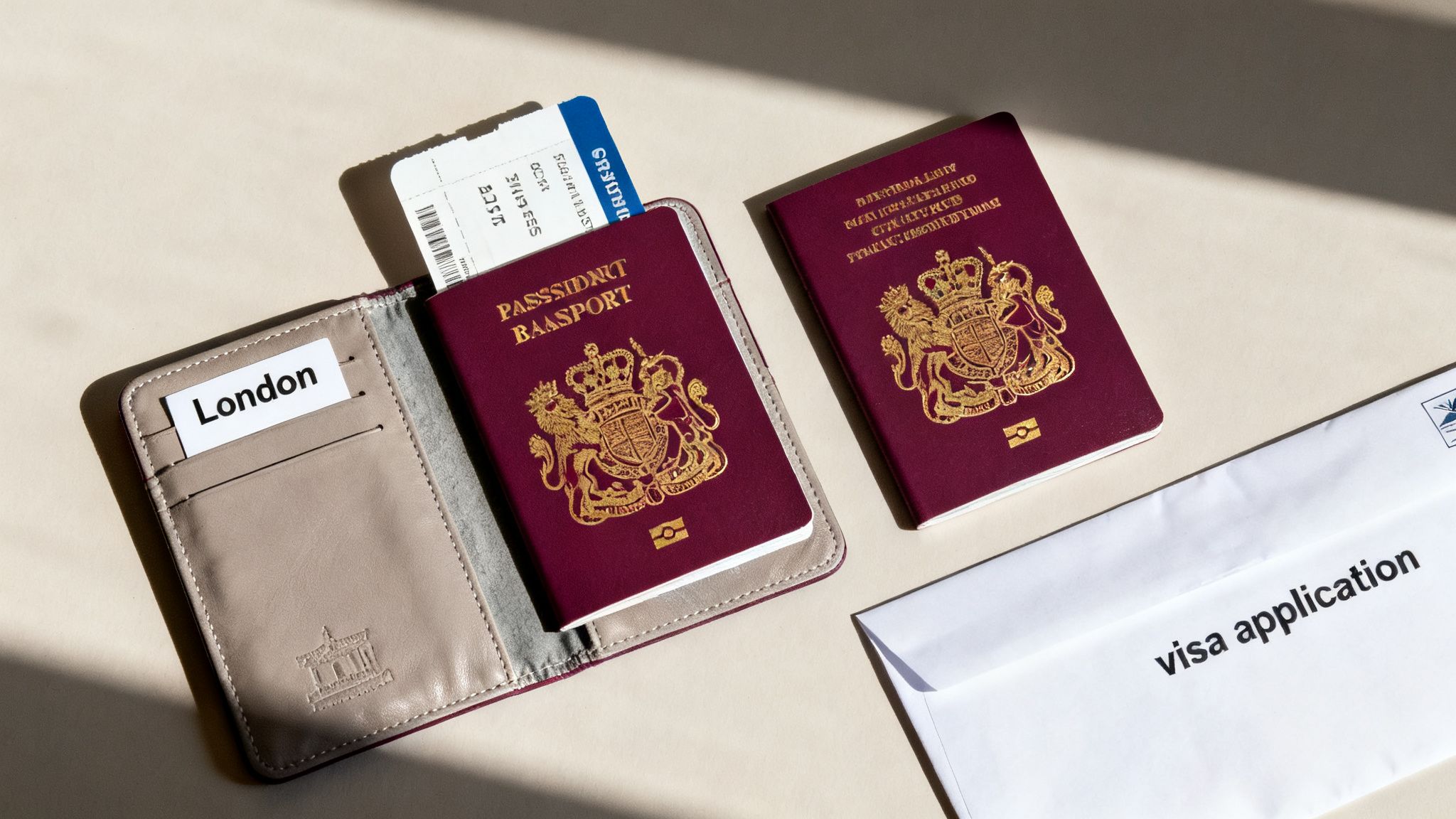Discovering Your Visa for Spain from UK: A Practical Guide 28 Two British passports, a boarding pass, and a visa application envelope on a light surface.