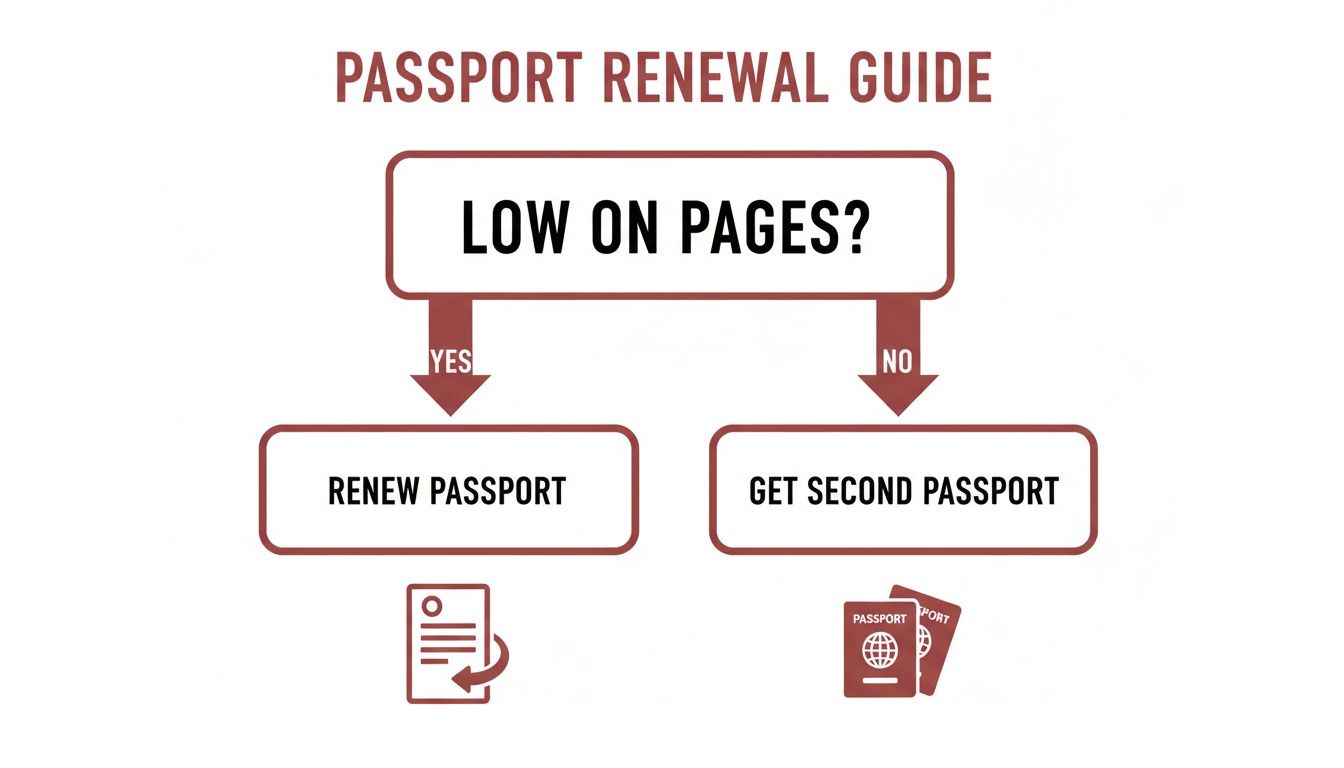 Passport Running Out of Pages? Your Guide to Renewal and Second Passports 2 A flowchart guiding passport renewal or obtaining a second passport based on available pages.