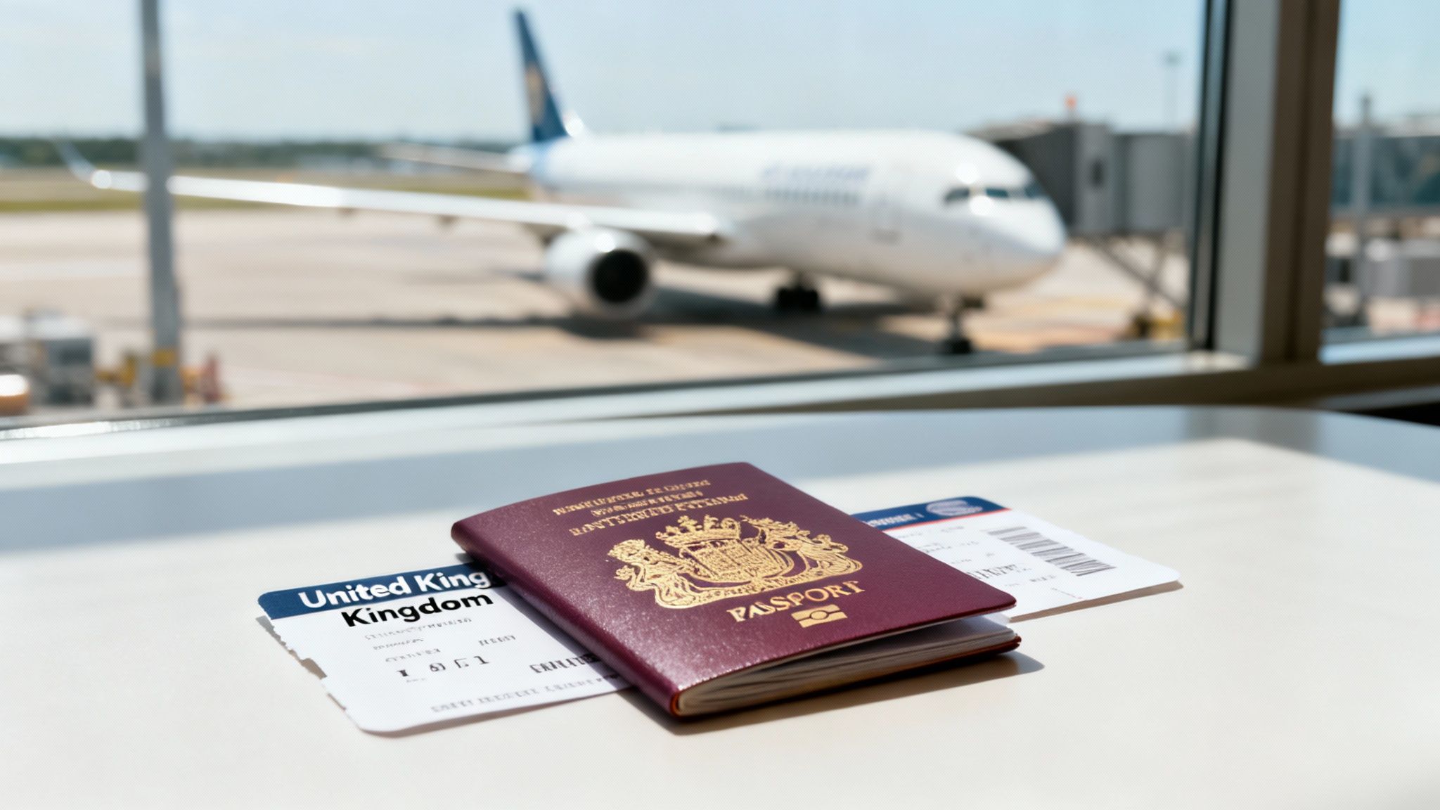 Passport Running Out of Pages? Your Guide to Renewal and Second Passports 3 A maroon passport and 'United Kingdom' boarding pass on a table, with a blurred airplane outside a window.