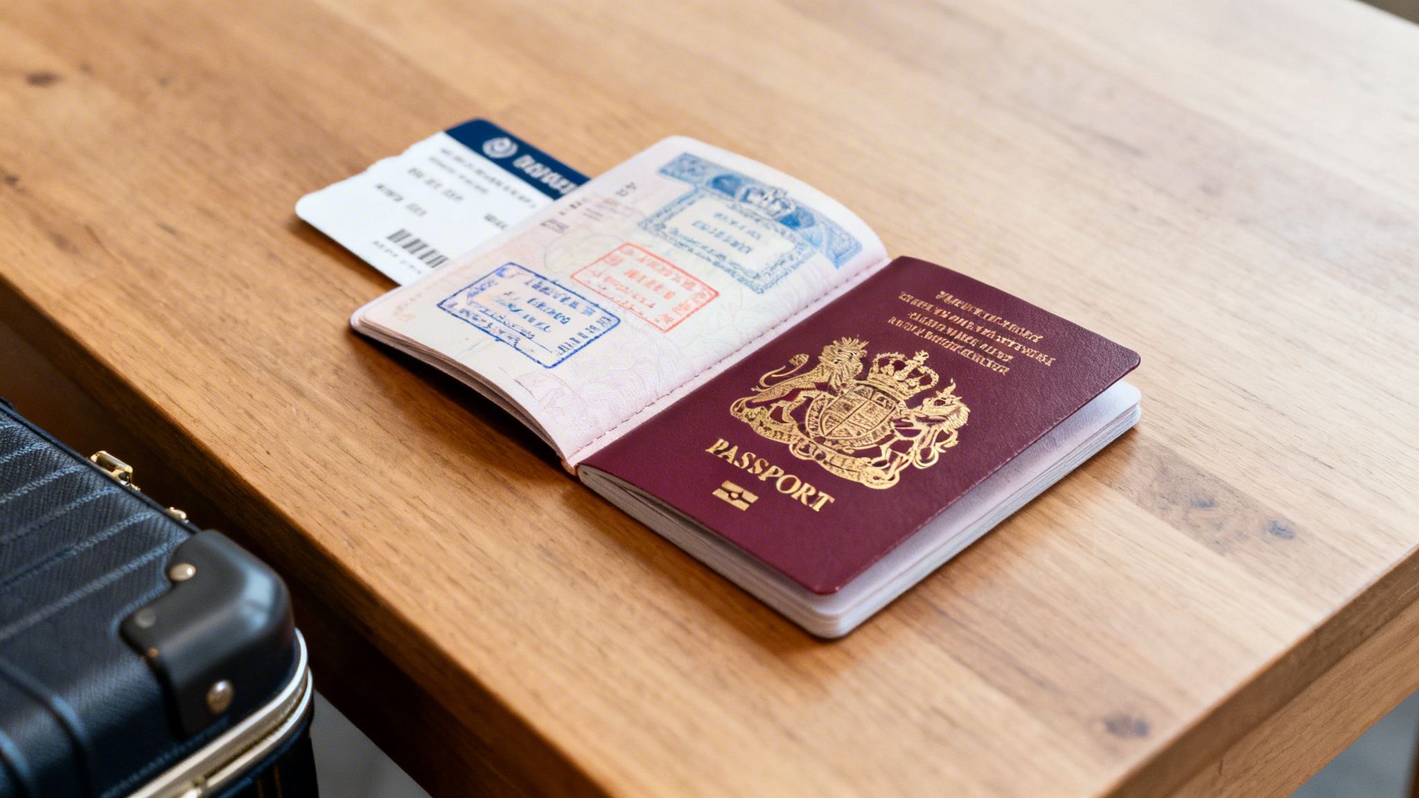 Your Essential Guide to the Business Visa for Saudi Arabia for UK Citizens 45 An open British passport with visa stamps and a boarding pass on a wooden table, next to a suitcase.