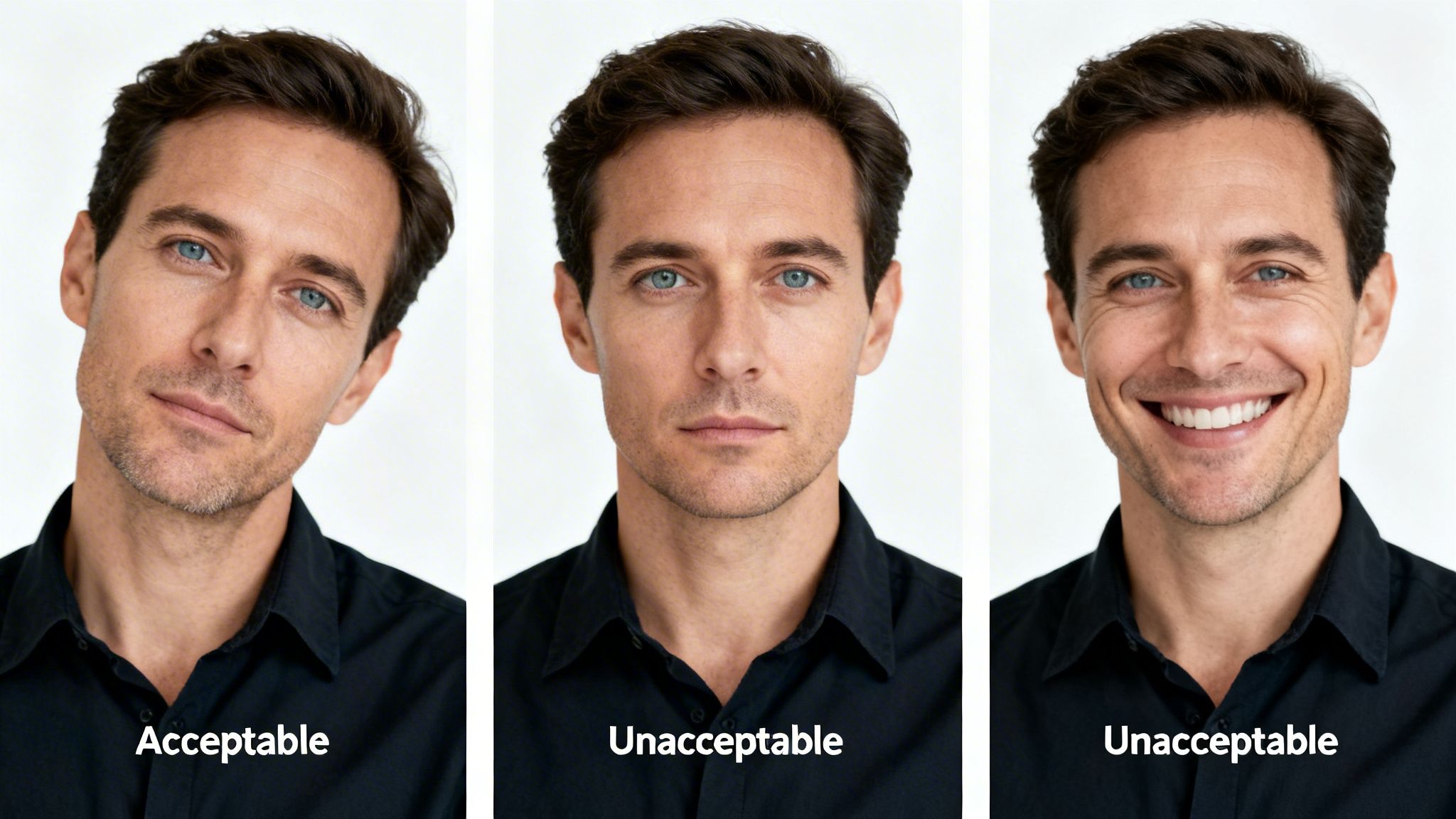 A Complete Guide to China Visa Photo Requirements 8 Three visa photos of a man showing acceptable tilted head, and unacceptable straight face or smiling.