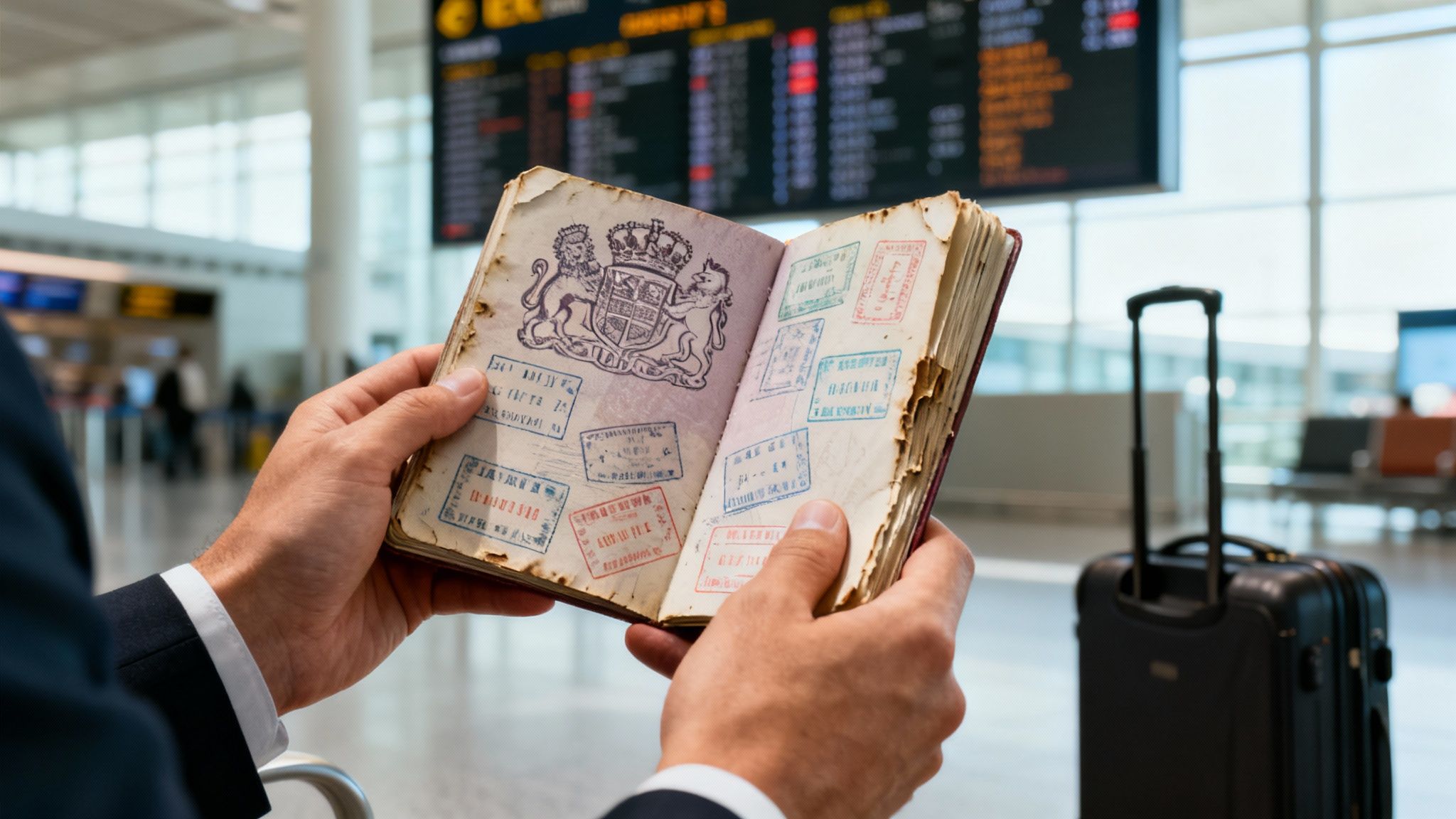 Passport Running Out of Pages? Your Guide to Renewal and Second Passports 1 A person holds an open, well-traveled passport full of stamps in an airport lounge, with a black suitcase nearby.
