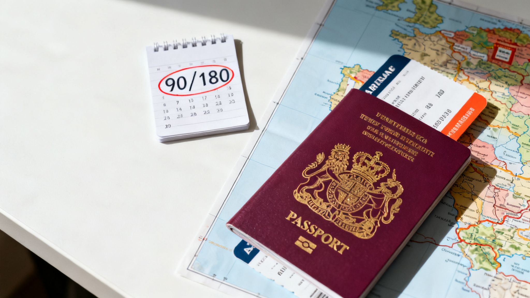 Discovering Your Visa for Spain from UK: A Practical Guide 26 A British passport, boarding pass, and map next to a calendar with '90/180' circled.