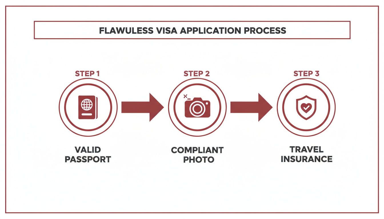 Discovering Your Visa for Spain from UK: A Practical Guide 27 Infographic displaying the three essential steps for a flawless visa application: valid passport, compliant photo, and travel insurance.