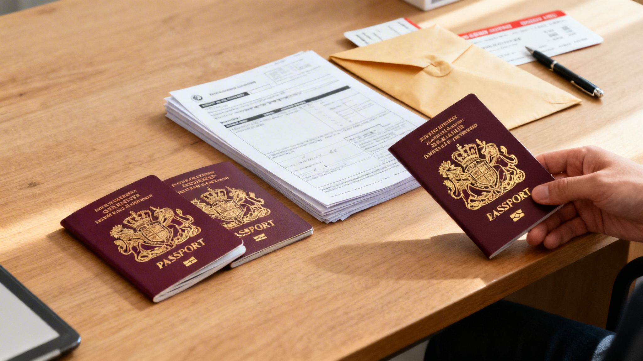 Your Guide to a Canada Work Permit UK for UK Citizens 39 A person's hand holds a British passport, with more passports and application forms on a wooden table.