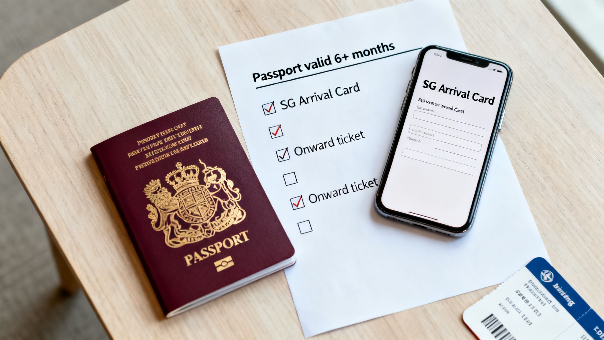 Singapore Visa for UK Citizens: A 2026 Guide 10 A UK passport, a travel checklist with checked items for Singapore, and a phone displaying an SG Arrival Card.