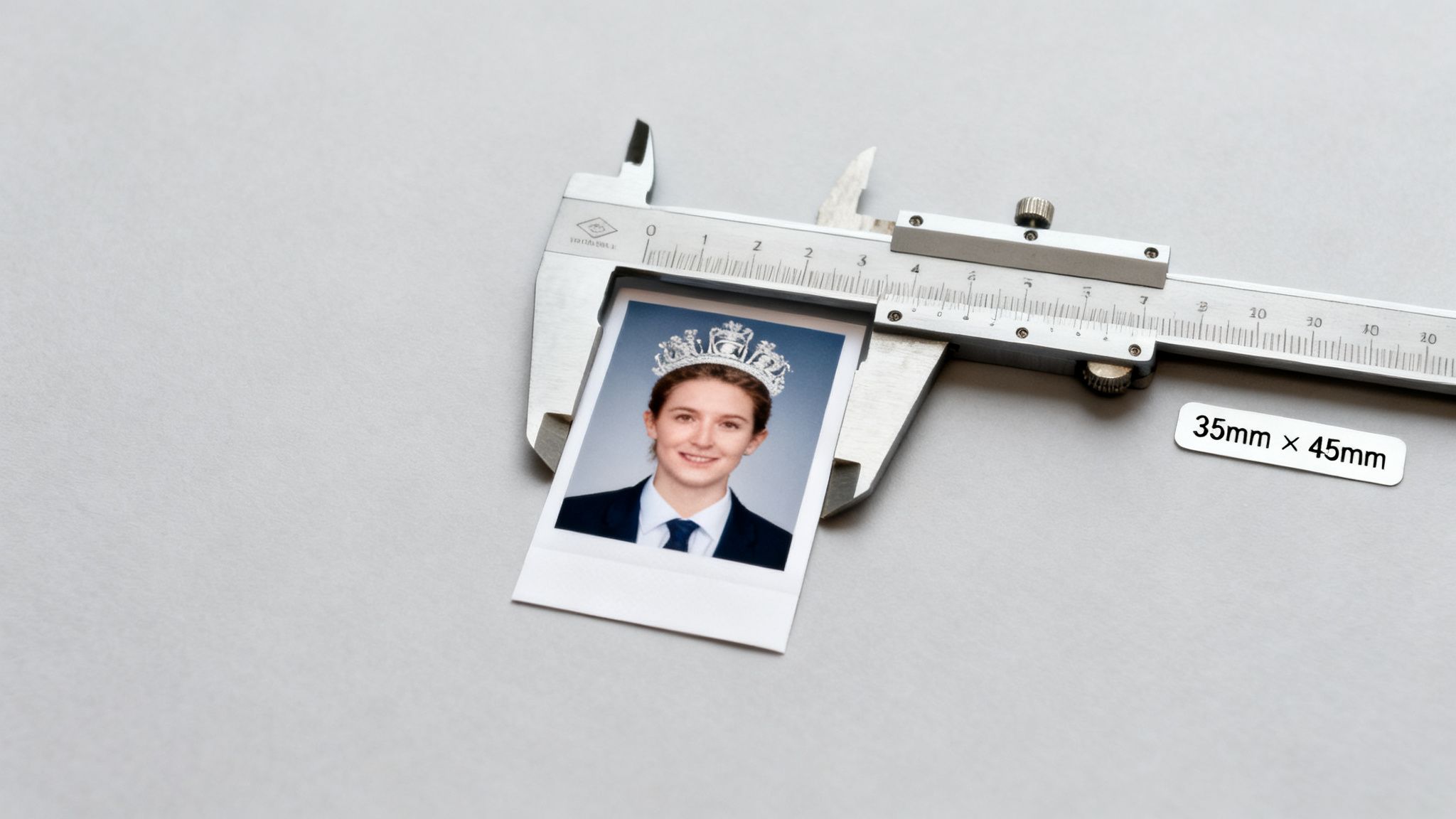 A Complete Guide to UK Passport Photo Size and Requirements 21 A passport photo of a person wearing a crown measured by a caliper, with a 35mm x 45mm size label.