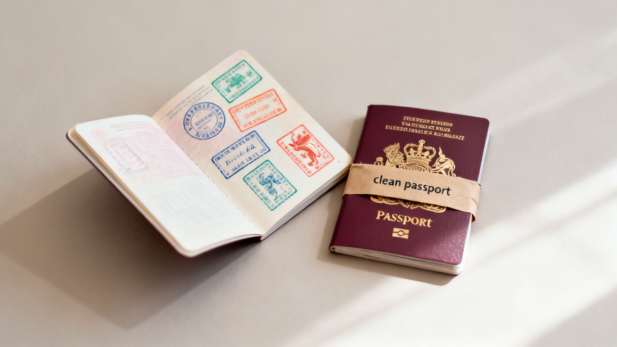 Singapore Visa for UK Citizens: A 2026 Guide 13 Two passports on a light surface, one open with colorful visa stamps, the other closed labeled "clean passport."