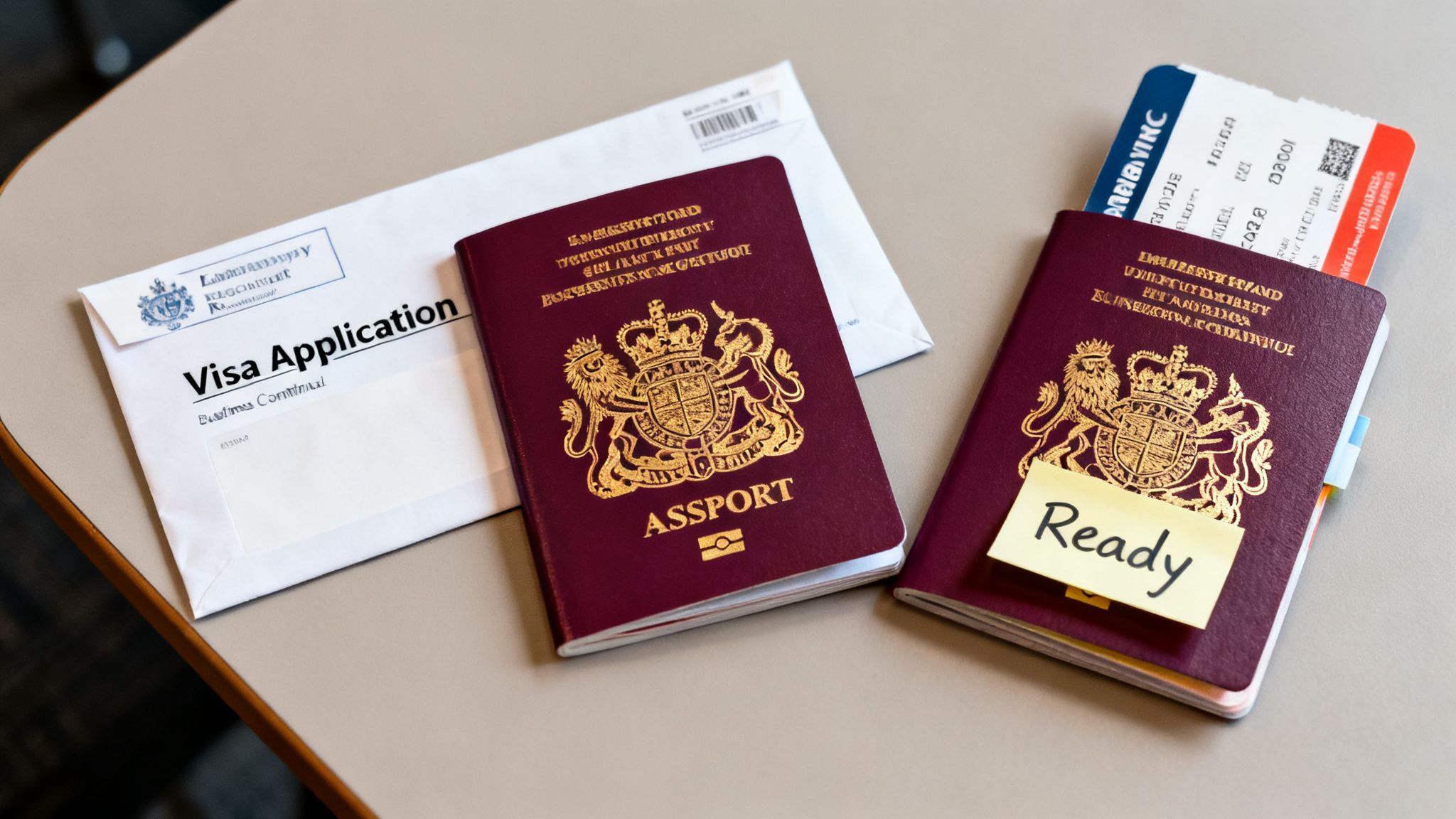 Do You Need a Visa for Malaysia? A 2026 UK Traveller's Guide 16 Two British passports, a visa application envelope, and a plane ticket on a table, signifying travel preparation.