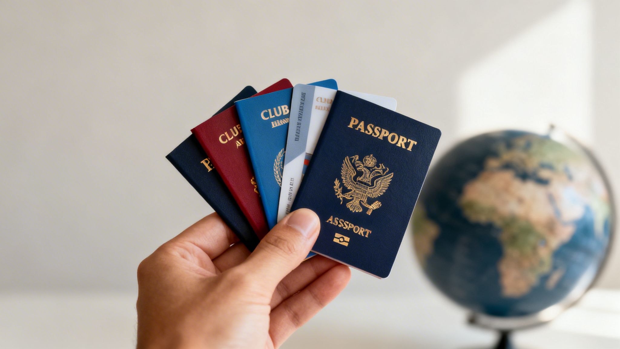 How Many Citizenships Can You Have: A Global Guide 33 A hand holds multiple passports and travel cards in front of a blurred globe.
