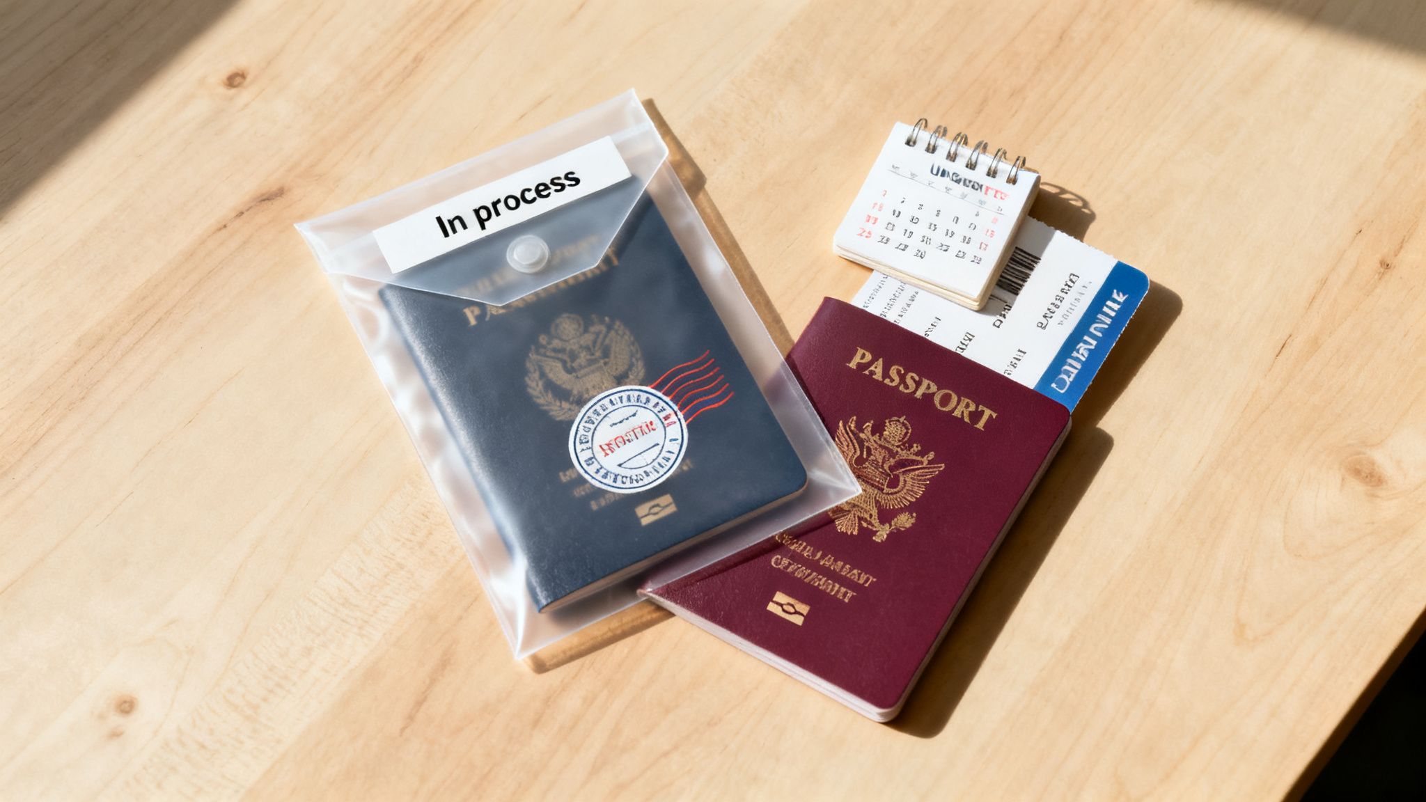 Applying for a Second UK Passport from Abroad: The Definitive Guide 19 Two passports, a flight ticket, and a calendar on a wooden table, one passport is 'in process' and 'rejected'.