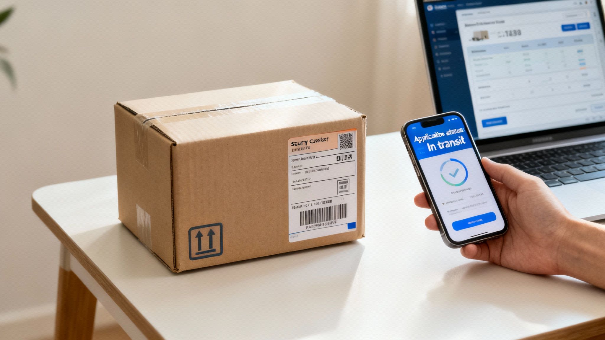 Hand holding a phone showing package tracking 'In transit' next to a brown delivery box on a desk.