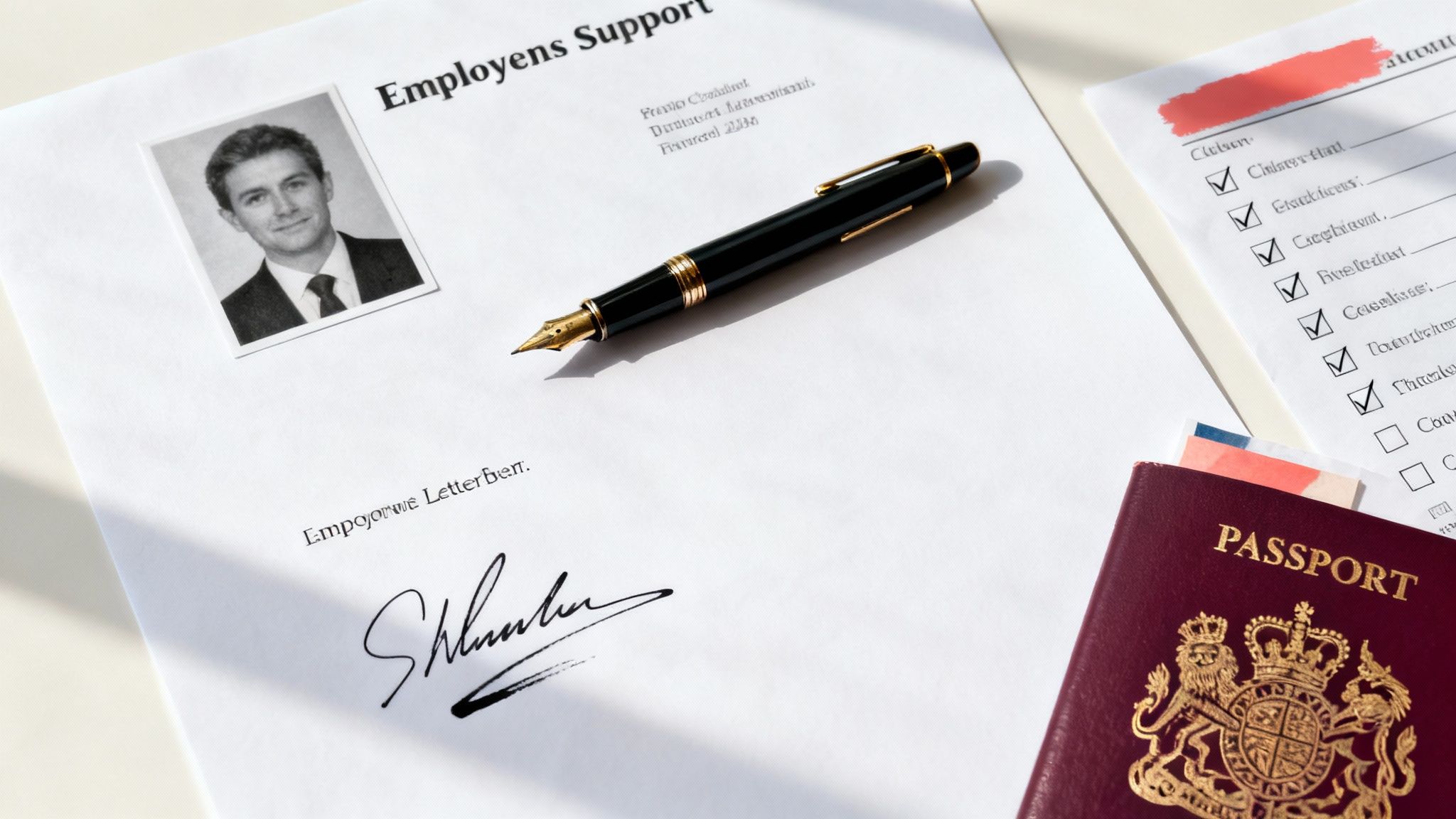 A document with a man's photo, signature, a fountain pen, a checklist, and a UK passport, suggesting an application.