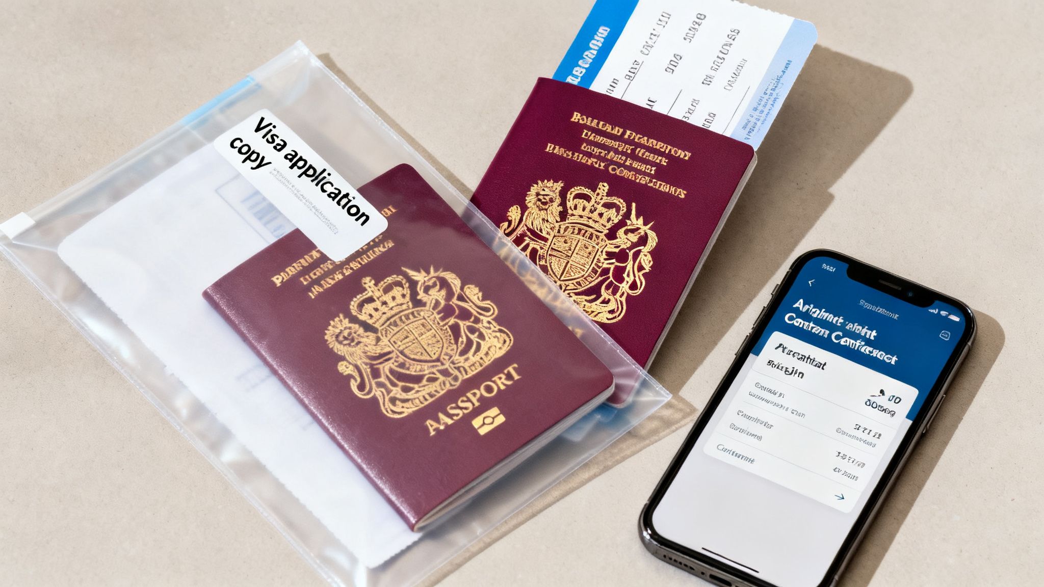 Singapore Visa for UK Citizens: A 2026 Guide 12 Close-up of UK passports, a visa application copy, a boarding pass, and a smartphone with a travel app.