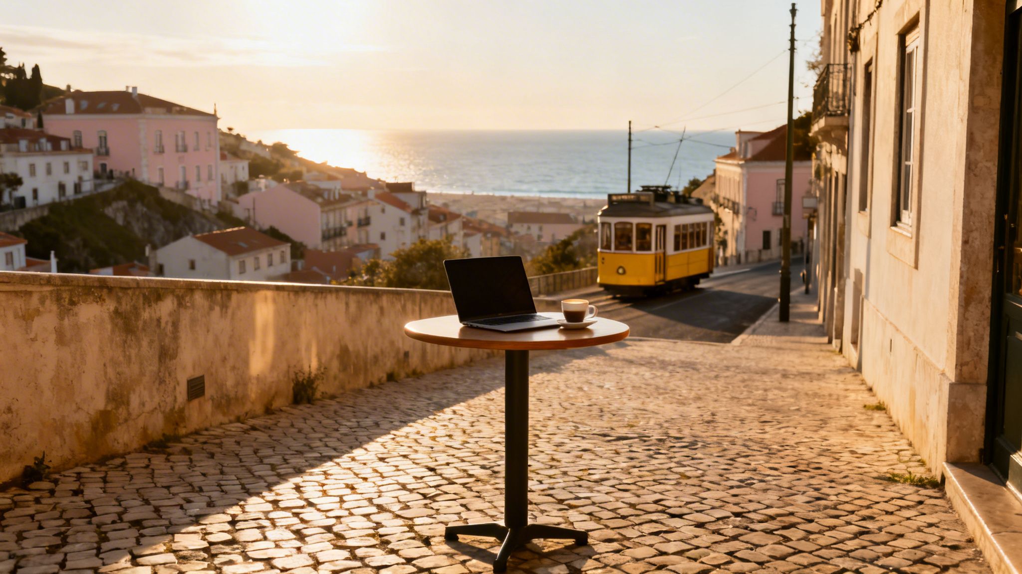 How to Get a Second UK Passport: The Definitive Guide for 2026 4 Laptop and coffee cup on a table on a Lisbon cobblestone street at sunset, with a classic yellow tram and ocean in the background.