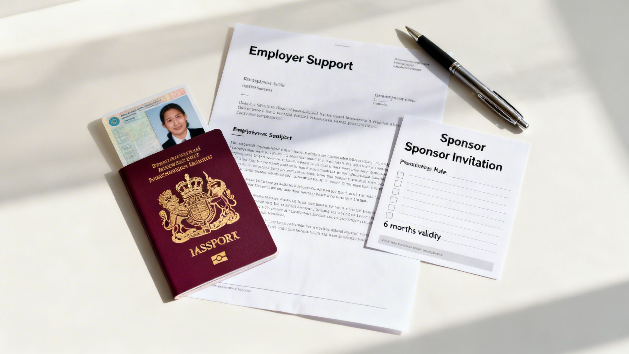 Your Essential Guide to the Business Visa for Saudi Arabia for UK Citizens 43 A passport with an ID card, employer support letter, sponsor invitation, and pen on a table.