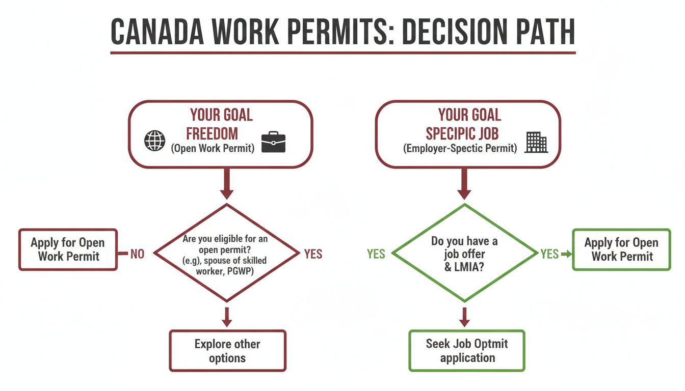 Your Guide to a Canada Work Permit UK for UK Citizens 38 Flowchart detailing the decision path for Canada work permits, covering open and employer-specific options.