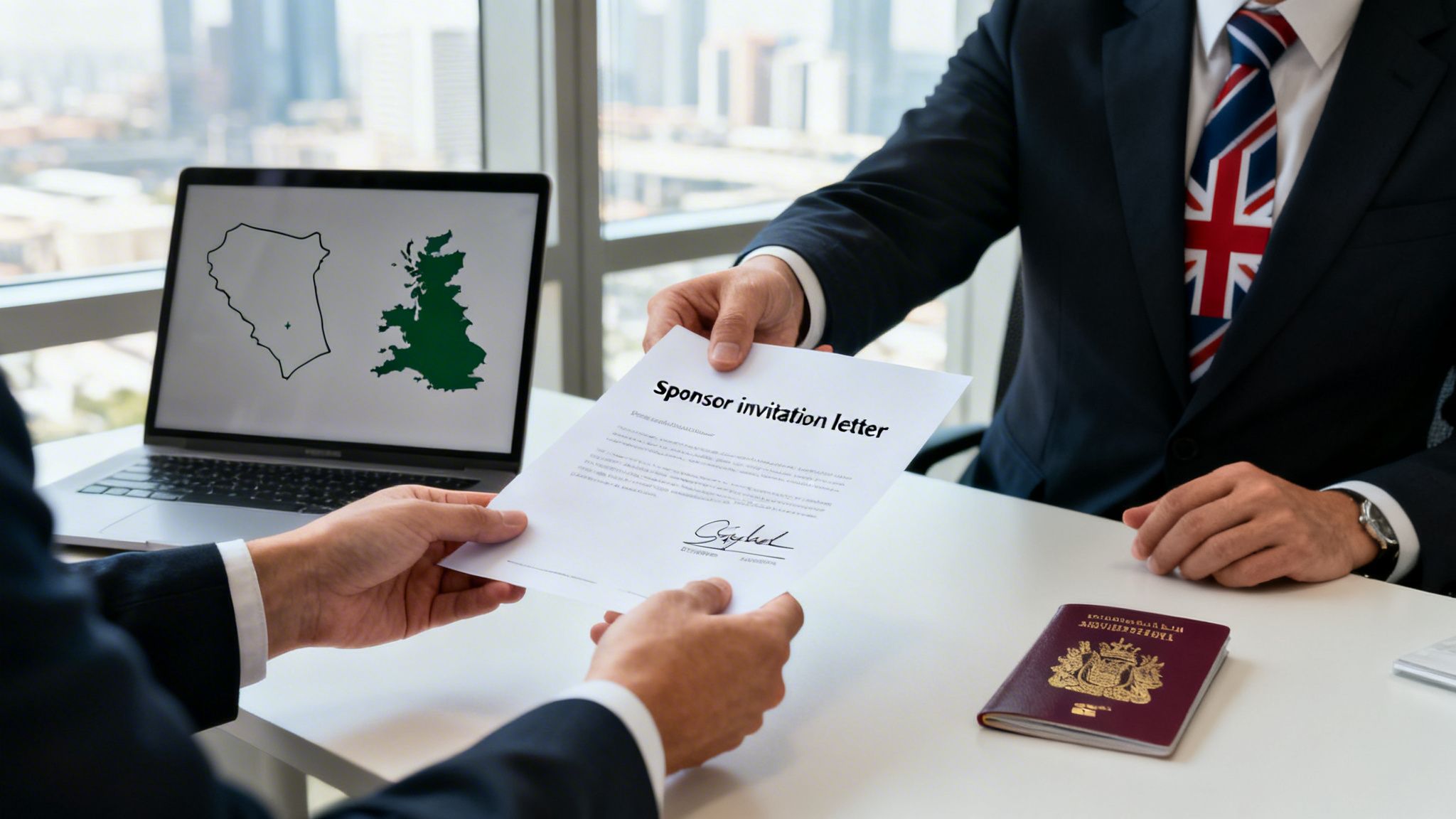 Your Essential Guide to the Business Visa for Saudi Arabia for UK Citizens 42 Two businessmen exchanging a sponsor invitation letter for a UK visa, with a passport and maps on the table.