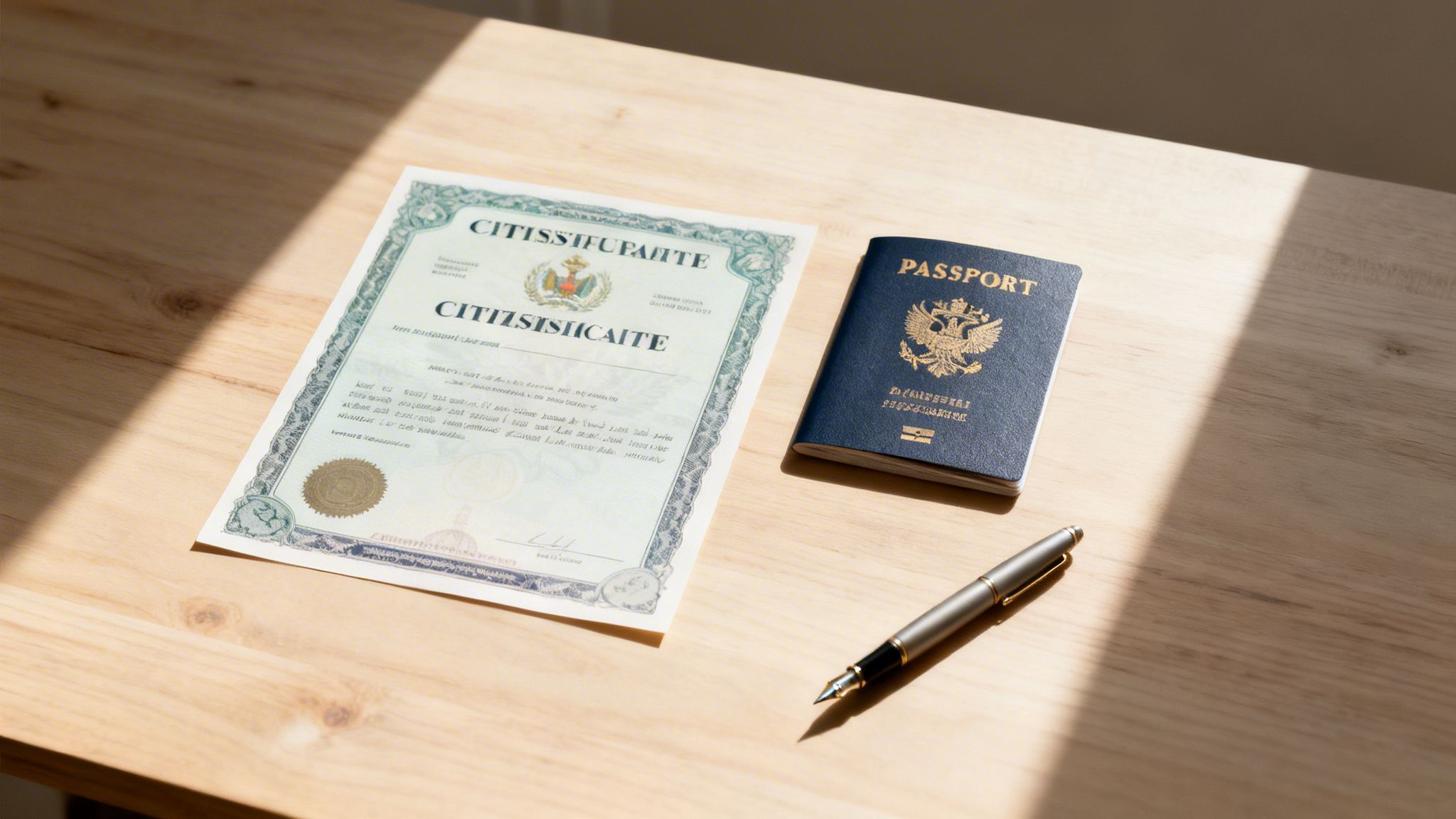 How Many Citizenships Can You Have: A Global Guide 34 A citizenship certificate, a blue passport, and a pen on a wooden table under natural light.
