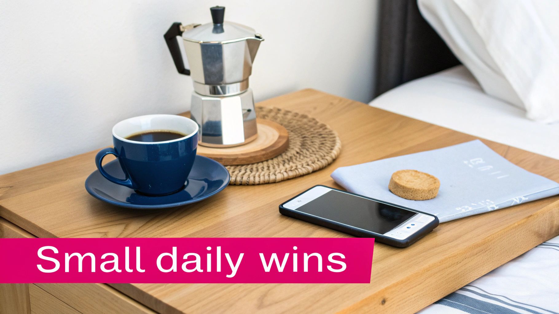 A cozy morning scene with a coffee cup, moka pot, smartphone, and cookie on a wooden bedside table.