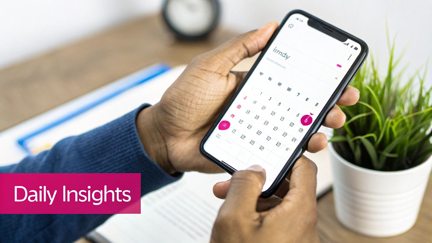 A person holds a smartphone displaying a calendar app with highlighted dates and daily insights.