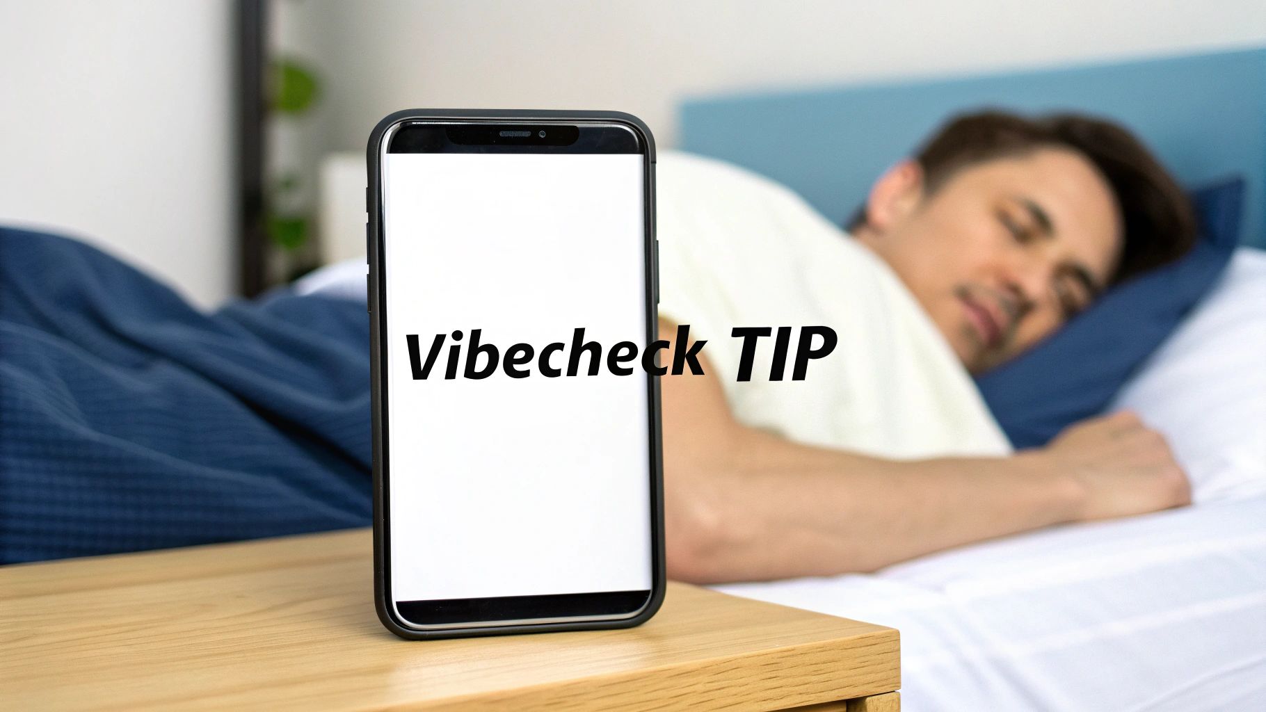 A man sleeps in bed, with a smartphone displaying 'Vibecheck TIP' on a bedside table.